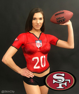 A body painted model in a San Francisco football body painted jersey