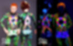 Two EDC clients wearing uv/glow body paint side-by-side with regular light and UV light