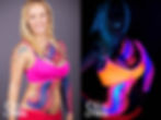An EDC client wearing uv/glow body paint side-by-side with regular light and UV light