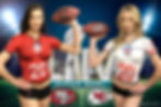 Two body painted models wearing body painted football jerseys