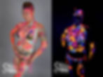 An EDC client wearing uv/glow body paint side-by-side with regular light and UV light