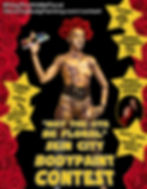 A poster for the body paint contest with a body painted C3PO model