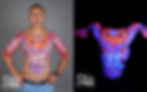 An EDC client wearing uv/glow body paint side-by-side with regular light and UV light